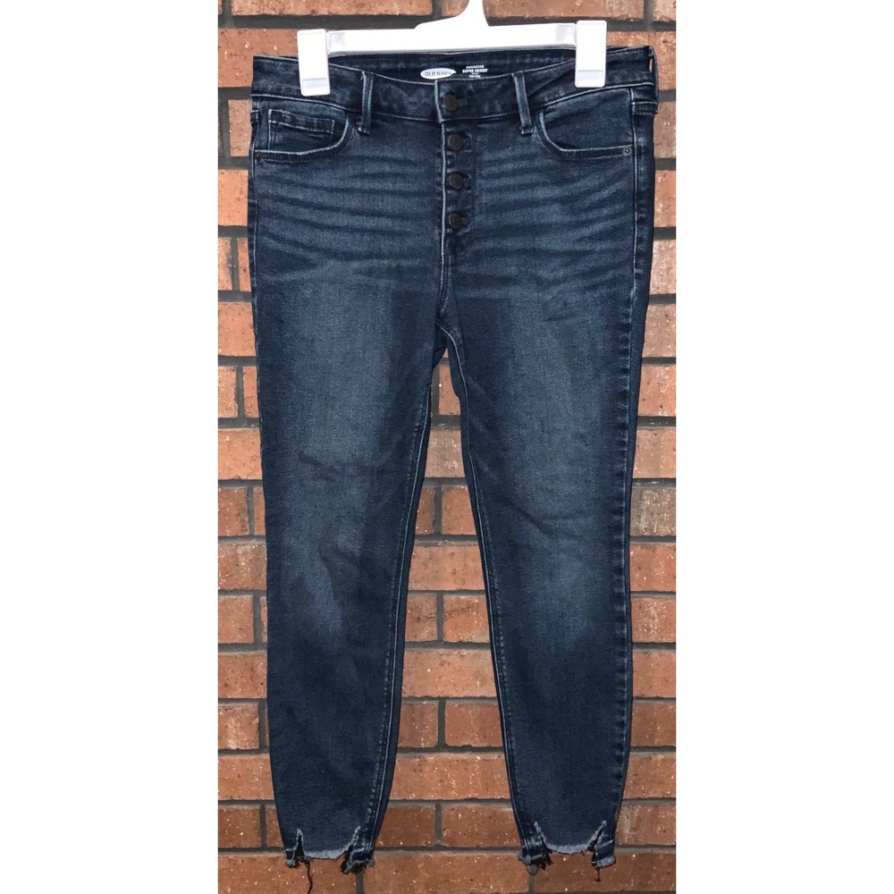 Old Navy Rockstar Super Skinny Ankle Jeans Dark Wash Button Fly Raw Hem Size 8
